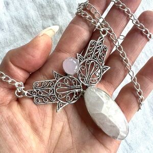 925 Double Hamsa Hand Rose Quartz Necklace Pendant